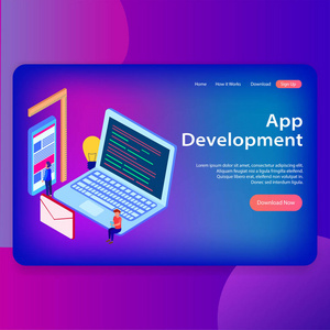 3d 帶有瀏覽器窗口的筆記本電腦的等距插圖, 用于響應(yīng) Web 著陸頁設(shè)計